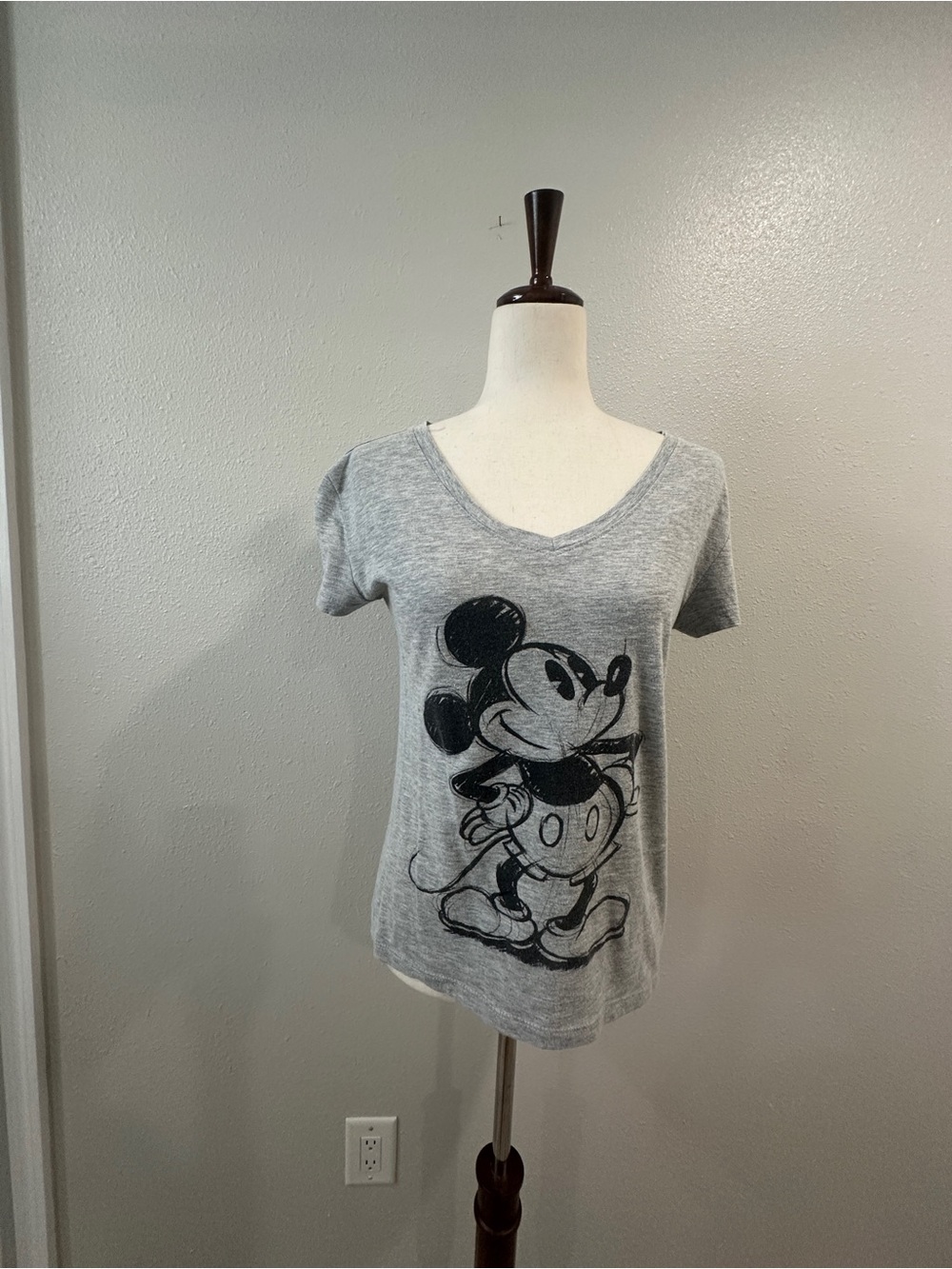 Disney Gray Short Sleeve V-Neck Mickey Mouse Tee